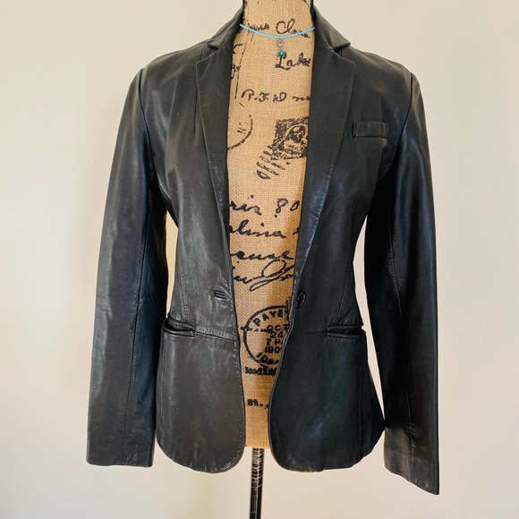 Aqua Lambskin Leather Black Cotton Lined Fitted Blazer Jacket Size Extra Small - Picture 2 of 10